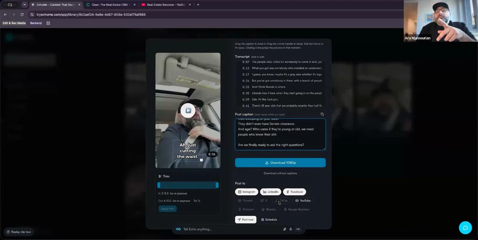 The EchoMe clip editor showing a vertical clip, its transcript, the post caption and posting options