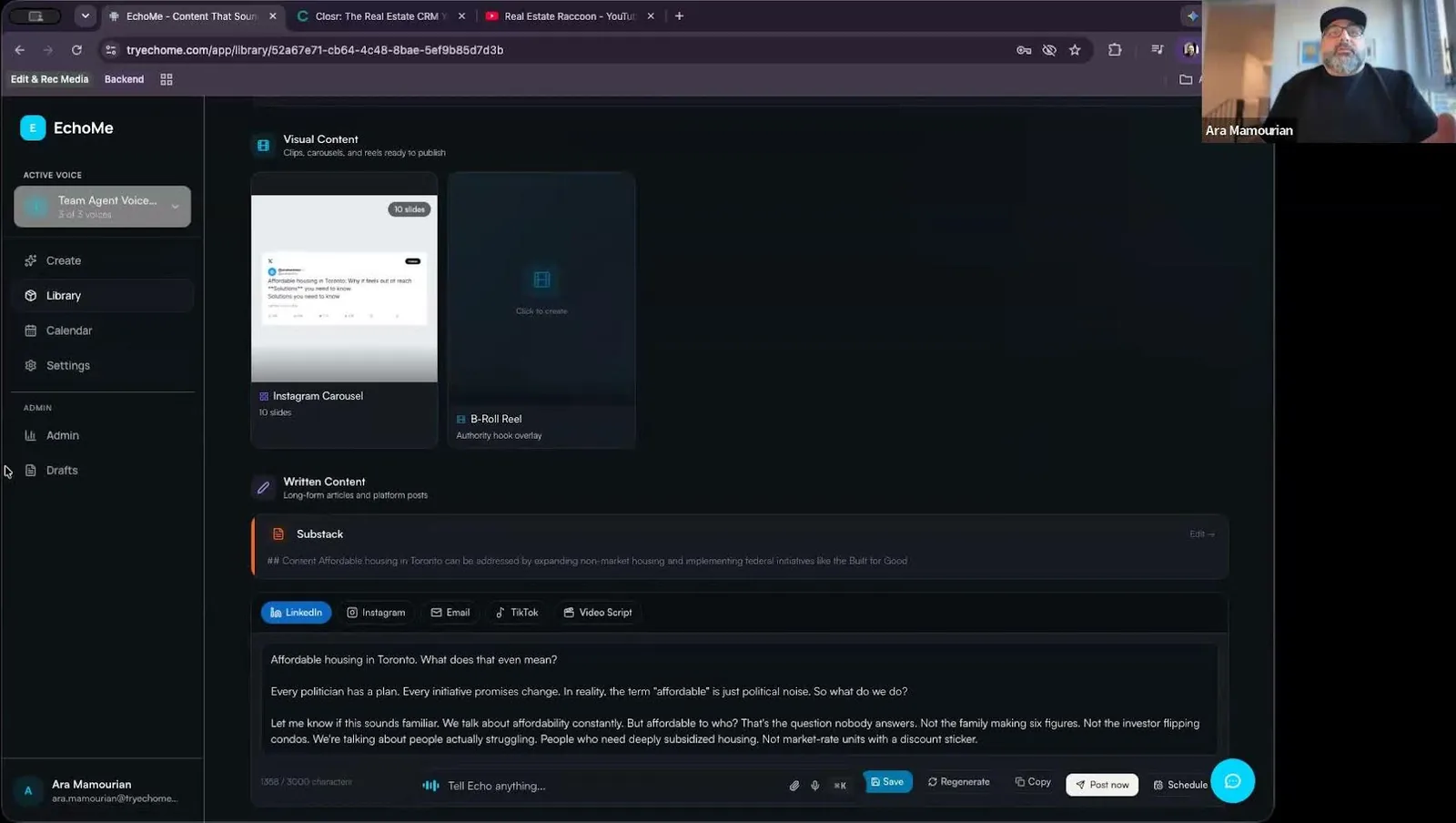 A content kit in EchoMe with written content tabs for LinkedIn, email, TikTok and a video script