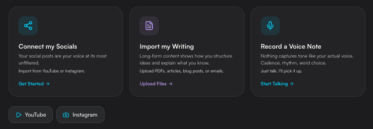 EchoMe Knowledge Base — Connect Socials, Import Writing, Record Voice