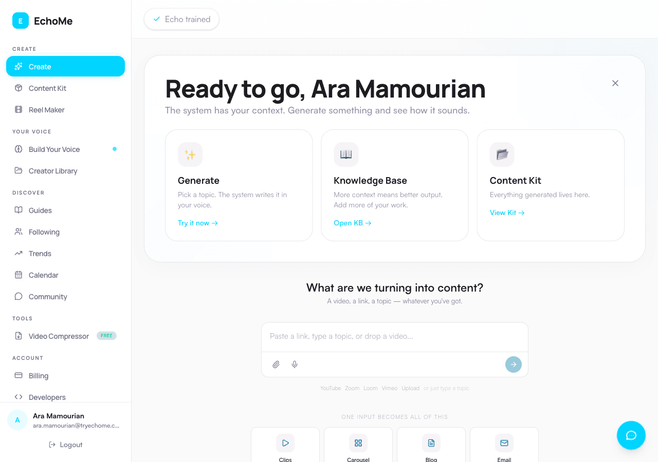 EchoMe create page — paste a link, type a topic, drop a video, or record a voice note