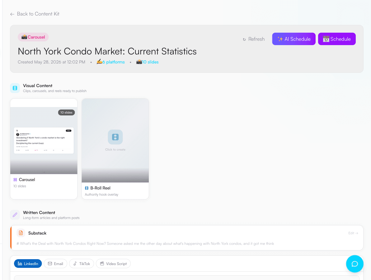 Content kit with carousel, B-roll reel, blog, and a post for every platform