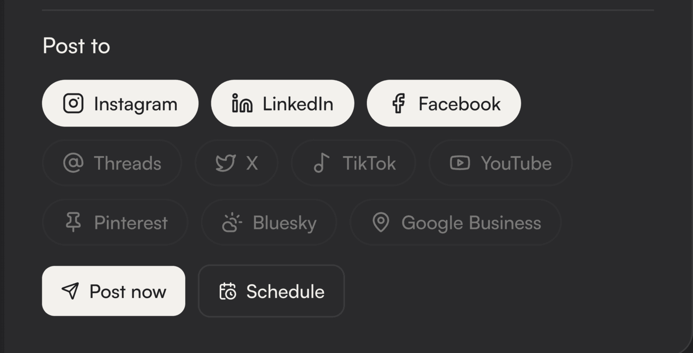 Platform selector with post now and schedule buttons