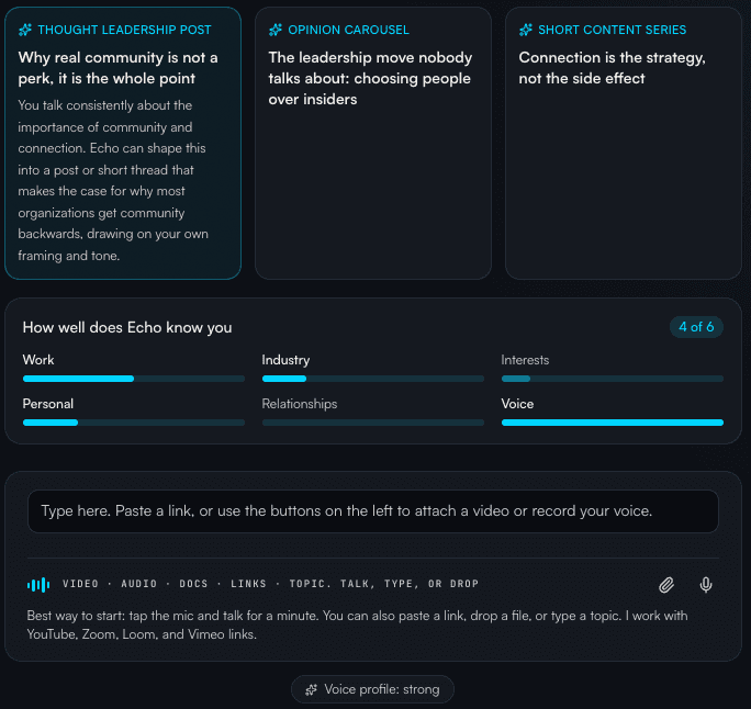 EchoMe unified workspace with draft content cards, a voice-knowledge score panel, and one universal input box
