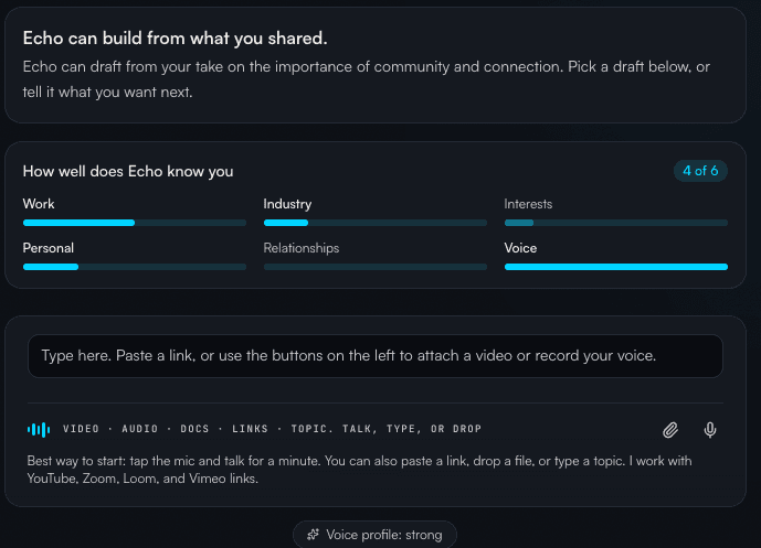 EchoMe universal input box: type, paste a link, drop a file, or record your voice