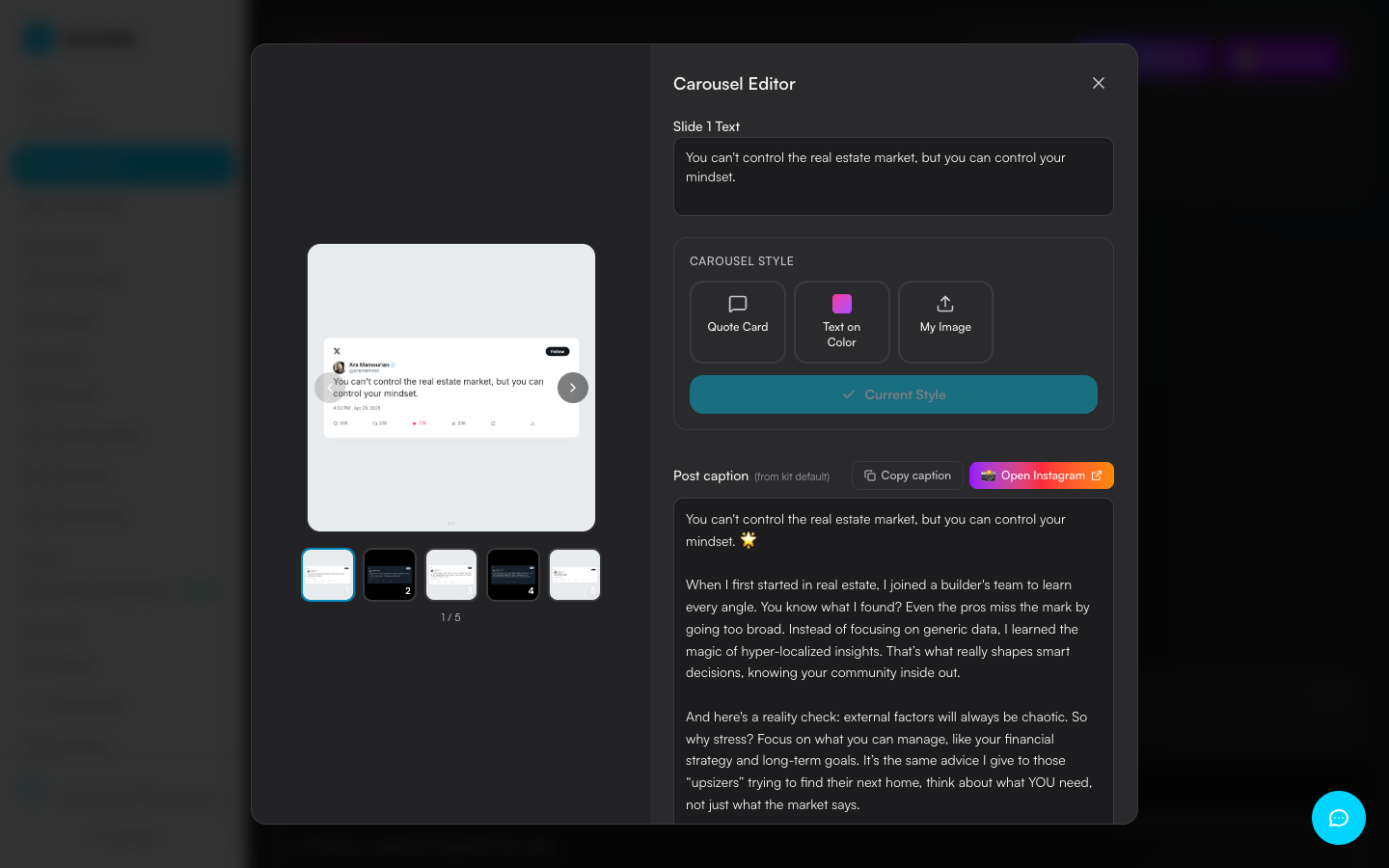 EchoMe Carousel Editor showing the slide preview, text editor, style presets, and post caption